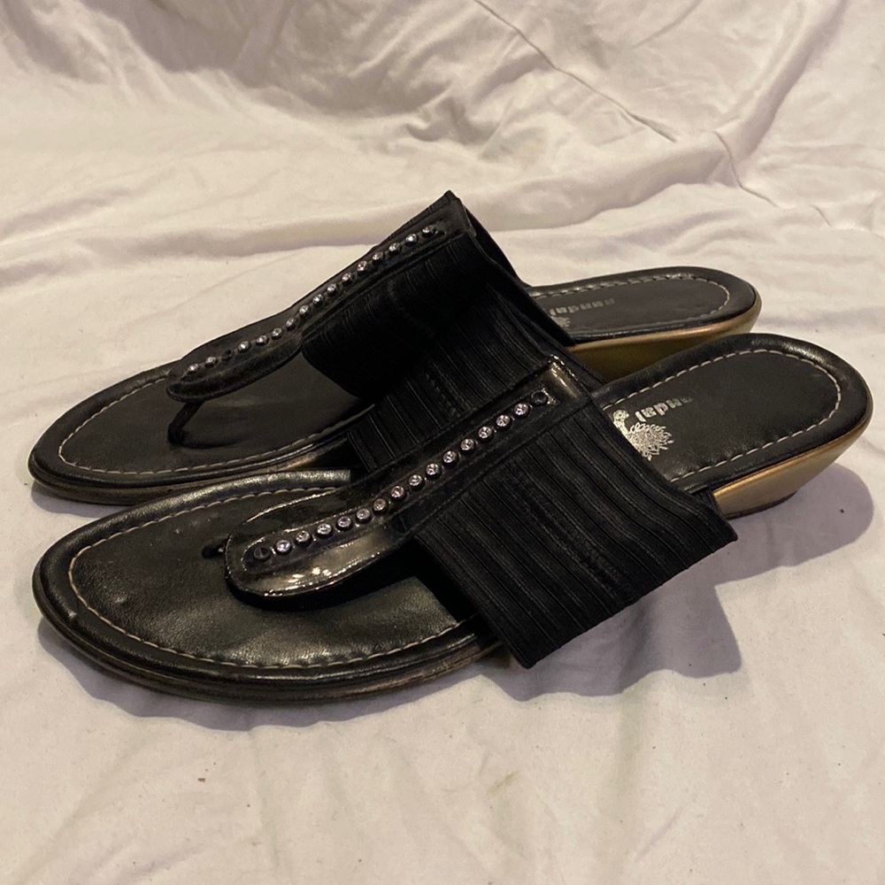 Dezario Black Sandal Tree Low Wedge Embellished Thong Sandals